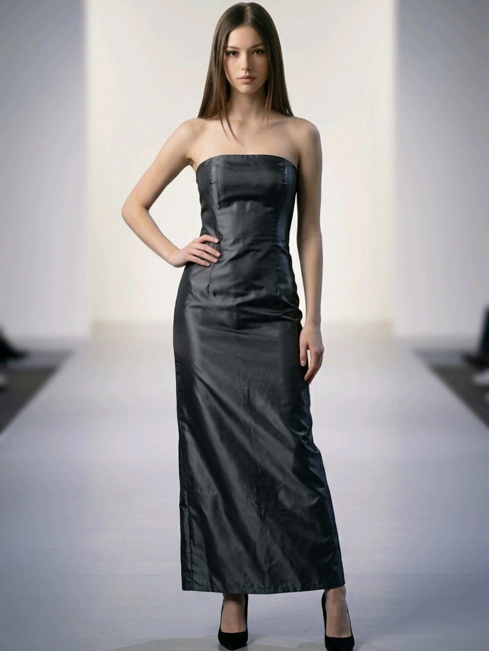 Jessica McClintock Gunne Sax Vintage Silver Taffeta Prom Dress Strapless Maxi 9